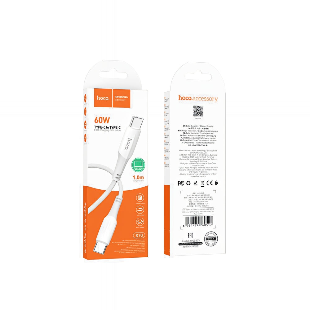USB-C till USB-C Data- och Laddningskabel HOCO X70, 60W, 1m, Vit
