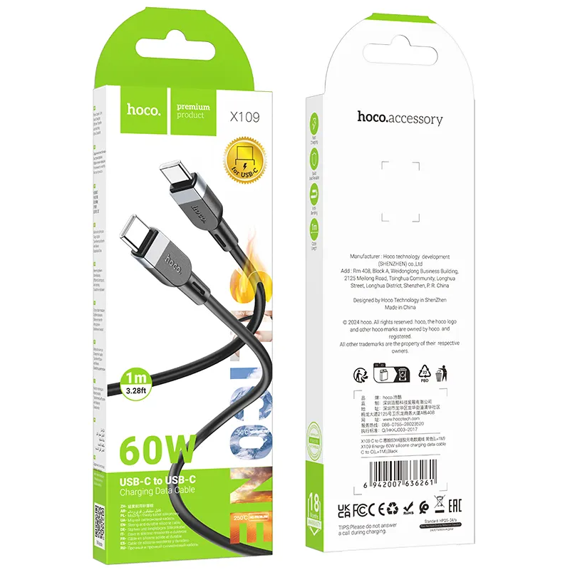 USB-C Data- och Laddningskabel - USB-C HOCO X109, 60W, 1m, Svart