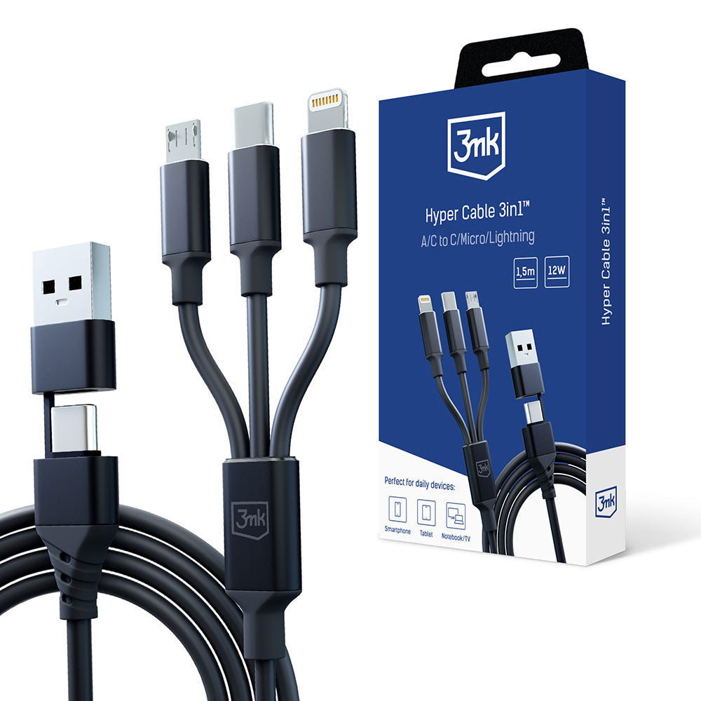 USB-A / USB-C - Lightning / microUSB / USB-C 3MK Hyper 3in1 laddningskabel, 12W, 1.5m, Svart