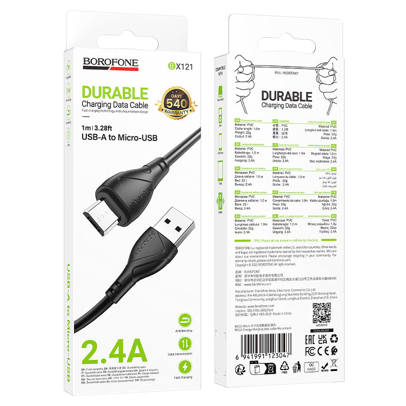 USB-A till microUSB-laddnings- och datakabel Borofone BX121 Energy, 18W, 1m, Svart