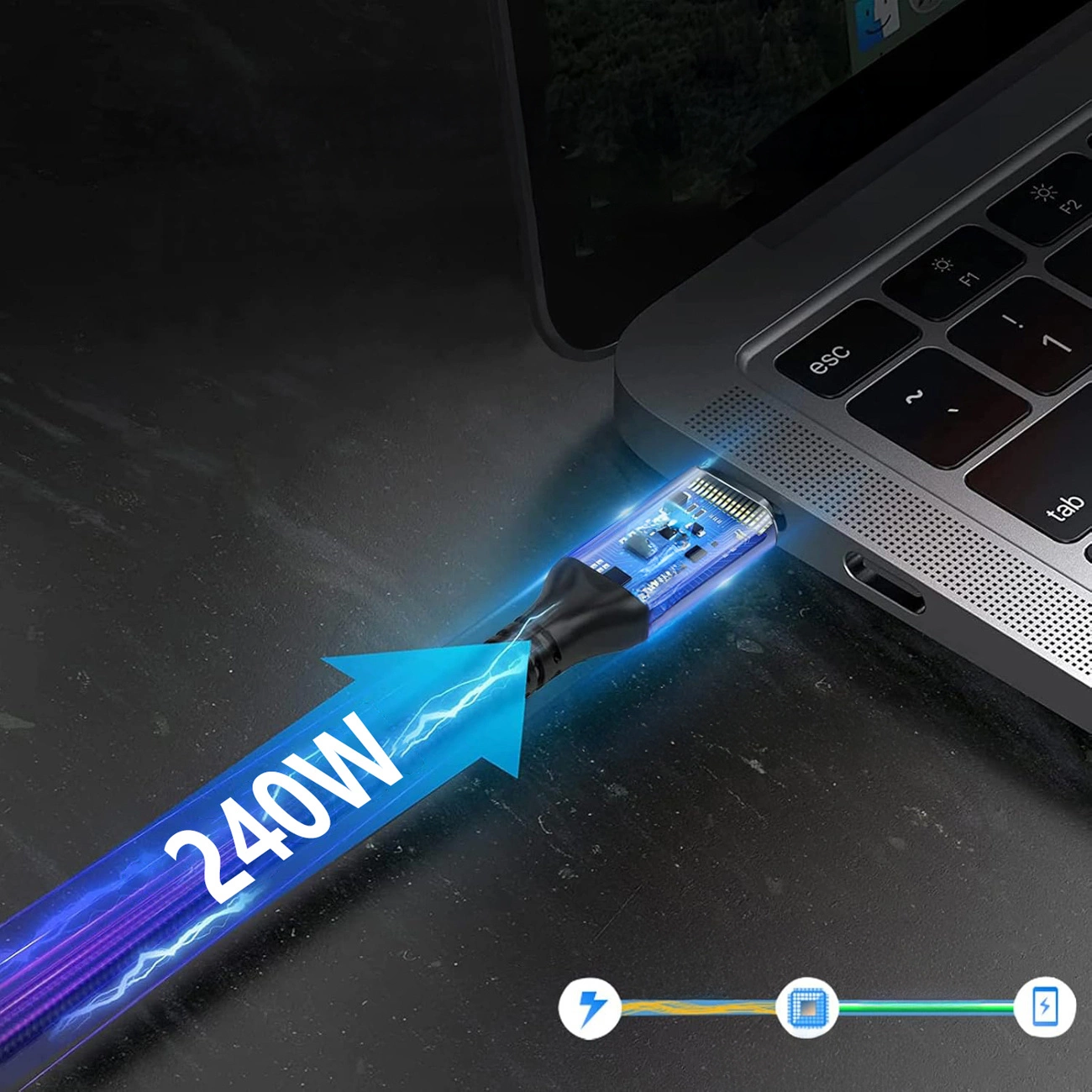 USB-C till USB-C Data- och Laddningskabel WZK WPS-UY42S, 240W, 2m, Svart