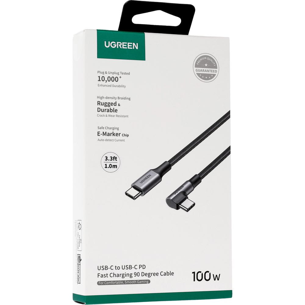 USB-C Data- och laddningskabel - USB-C UGREEN US334 Vinklad, 100W, 1m, Svart