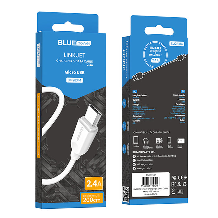 Data- och laddningskabel från USB-A till microUSB BLUE Power BM2BX14 LinkJet, 18W, 2m, Vit