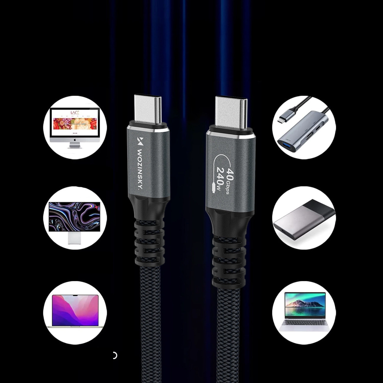 USB-C till USB-C Data- och Laddningskabel WZK WPS-UY42S, 240W, 2m, Svart