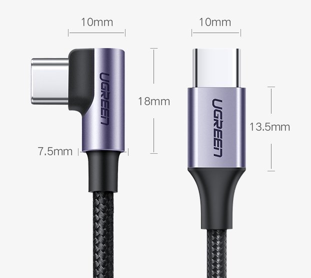 USB-C till USB-C data- och laddningskabel UGREEN US255 Angled, 60W, 1m, Grå