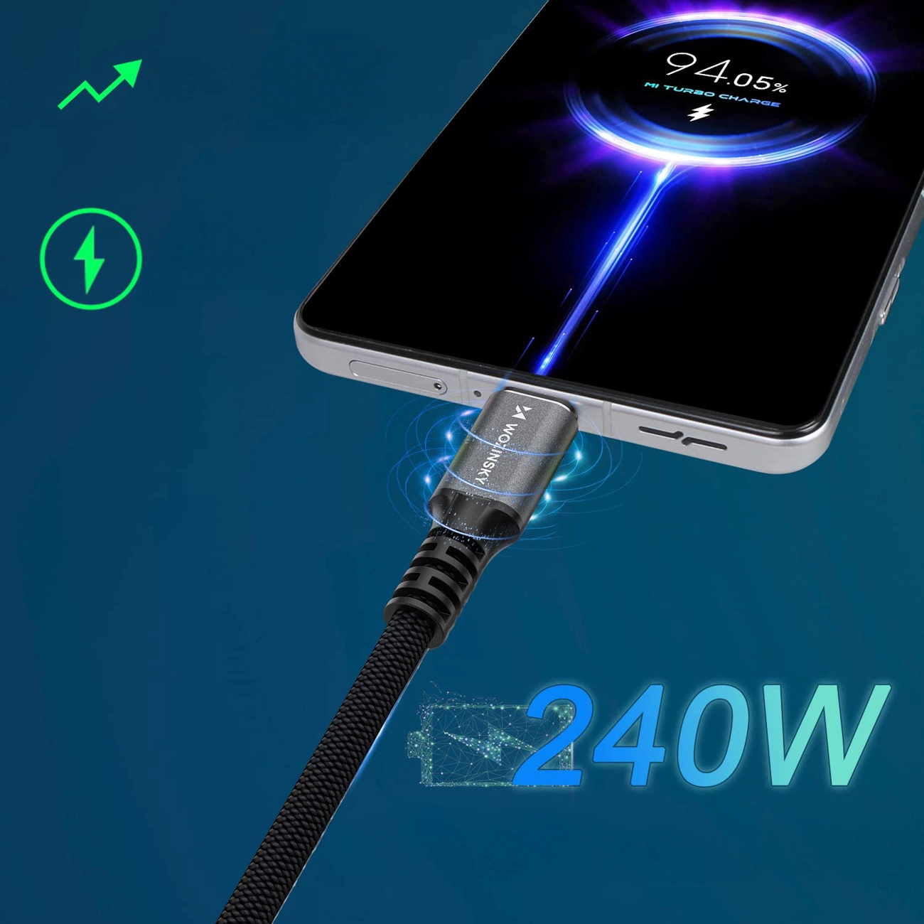 USB-C till USB-C Data- och Laddningskabel WZK WPS-UY42S, 240W, 2m, Svart