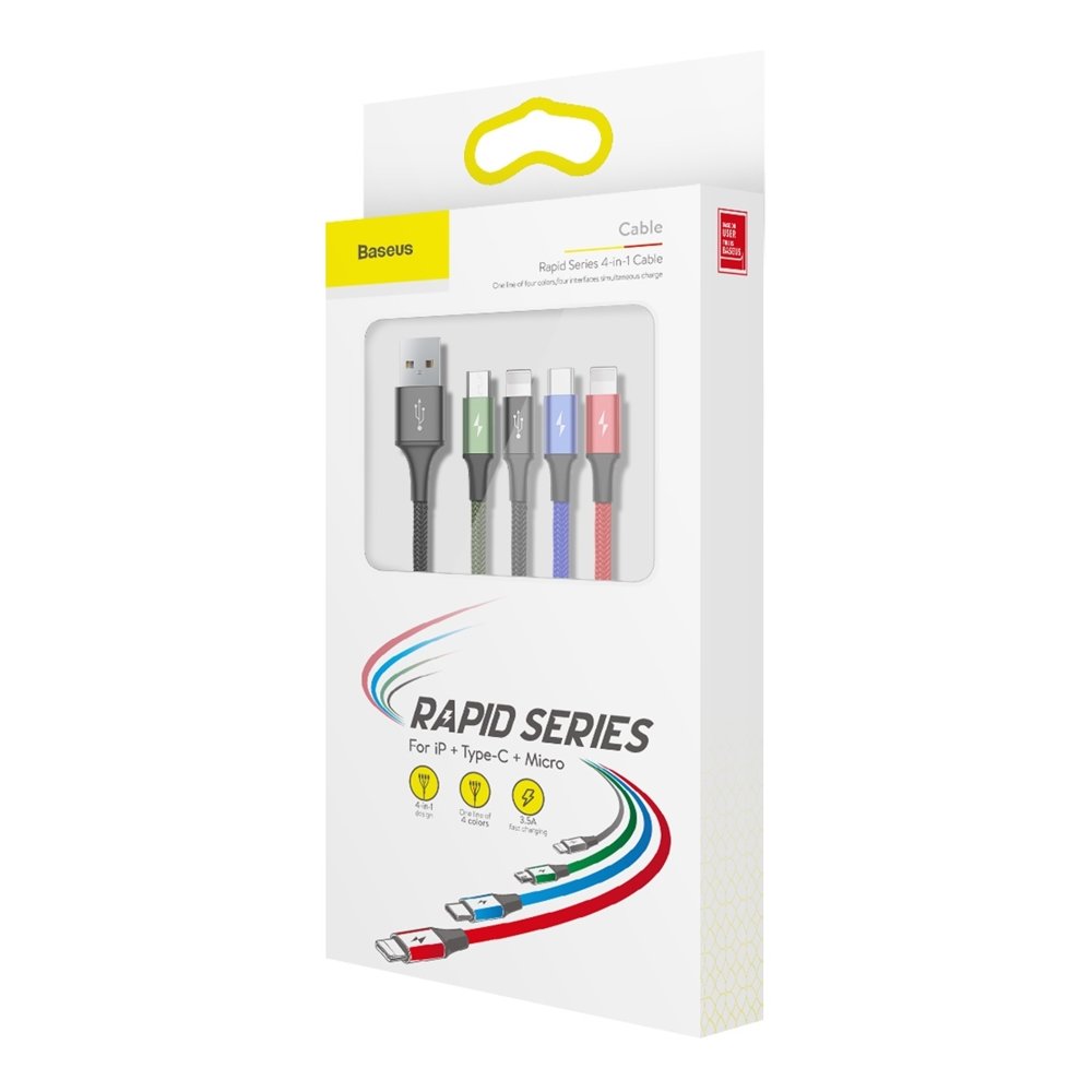 USB-A Laddningskabel - 2 x Lightning / microUSB / USB-C Baseus Rapid 4in1, 20W, 1.2m, Svart CA1T4-A01