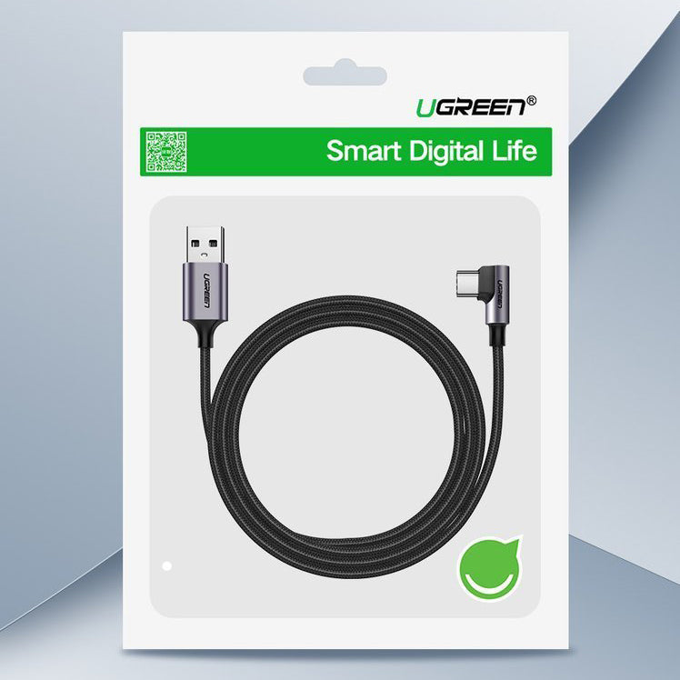 Data- och laddningskabel USB-A till USB-C UGREEN US284 Angled, 18W, 1m, Grå
