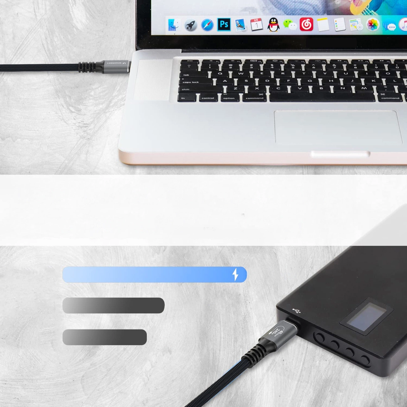USB-C till USB-C Data- och Laddningskabel WZK WPS-UY42S, 240W, 2m, Svart