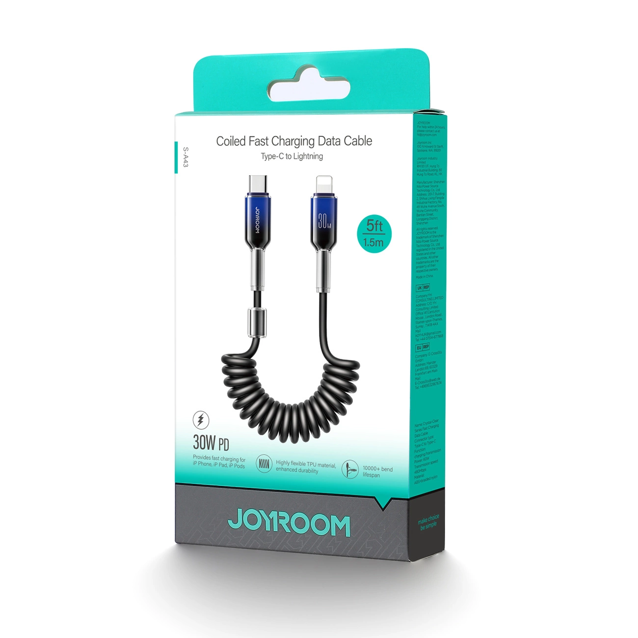 USB-C till Lightning Data- och Laddningskabel Joyroom S-A43 Crystal, 30W, 1.5m, Svart