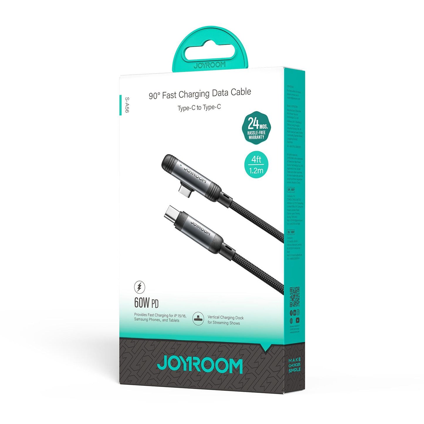 USB-C till USB-C data- och laddningskabel Joyroom S-A56 EnjoyX Angled, 60W, 1.2m, Svart