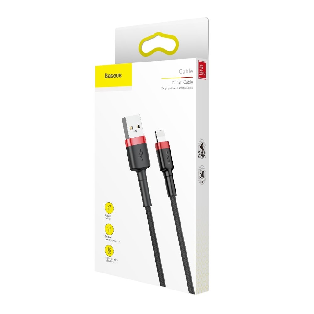 USB-A to Lightning Baseus Cafule Data and Charging Cable, 18W, 0.5m, Red CALKLF-A19