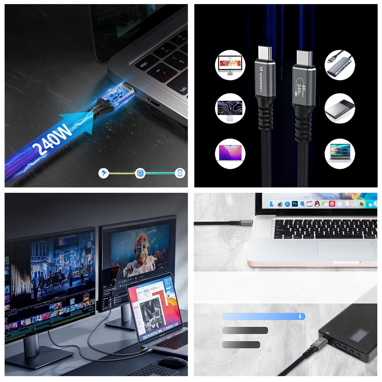 USB-C till USB-C Data- och Laddningskabel WZK WPS-UY42S, 240W, 2m, Svart