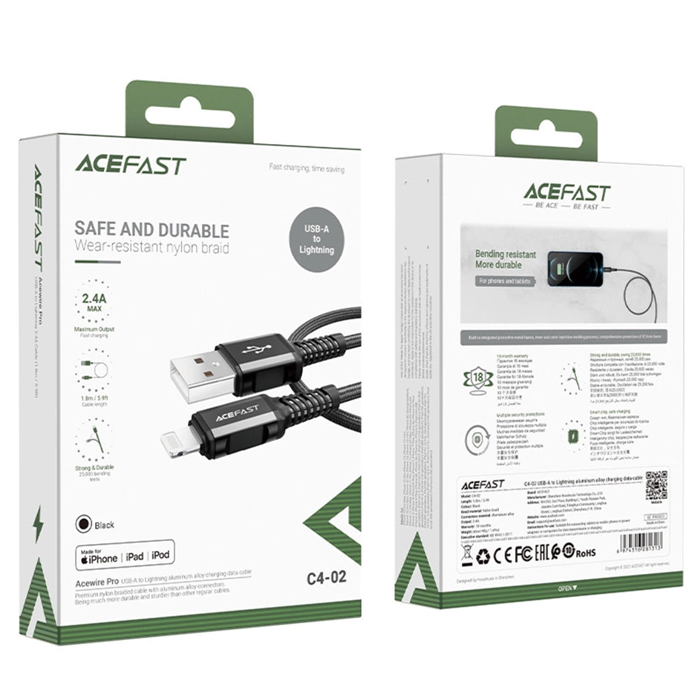 Data- och laddningskabel USB-A - Lightning Acefast C4-02, 18W, 1.8m, Svart
