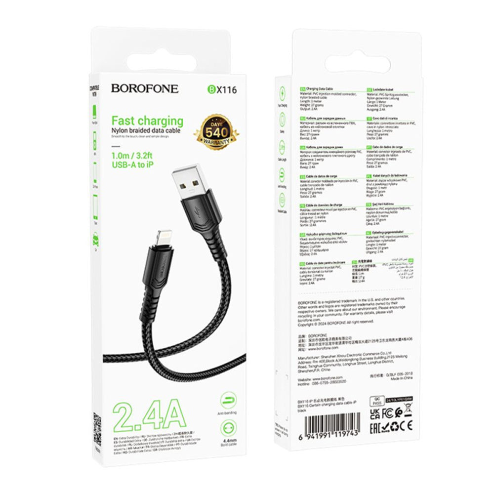Data- och laddningskabel USB-A - Lightning Borofone BX116 Certain, 18W, 1m, Svart