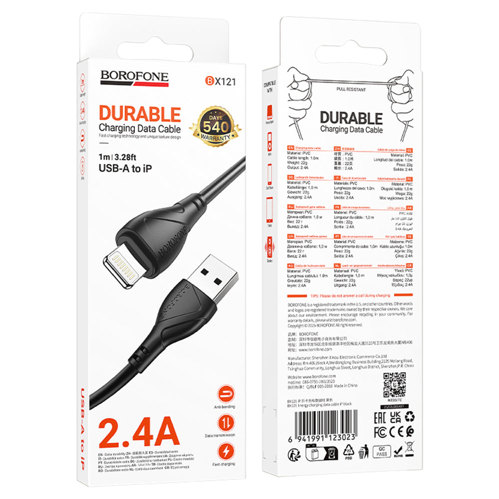 Data- och laddningskabel USB-A - Lightning Borofone BX121 Energy, 18W, 1m, Svart