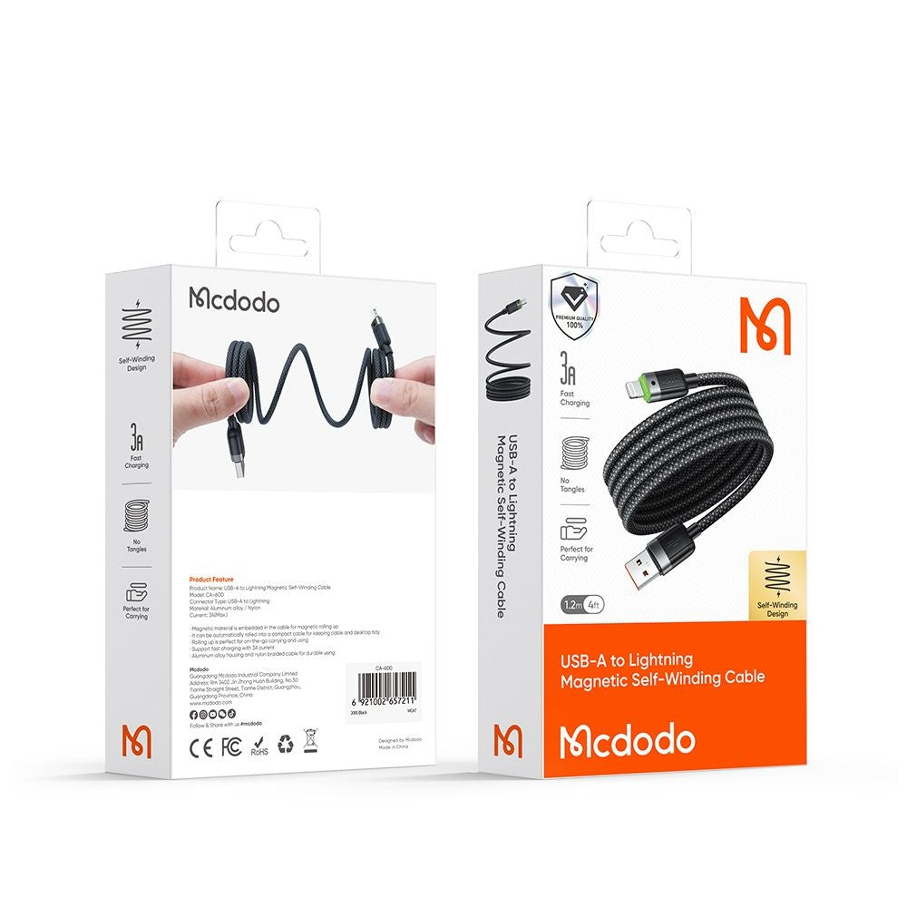 Data- och laddningskabel USB-A - Lightning McDodo CA-6000 Self Winding, 18W, 1.2m, Svart