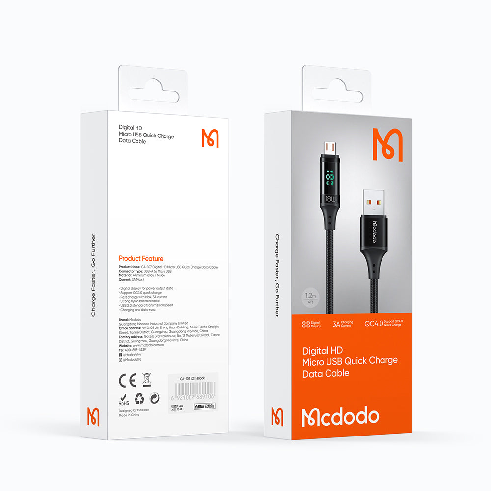 Data- och laddningskabel USB-A - microUSB McDodo CA-1070 Display, 18W, 1.2m, Svart