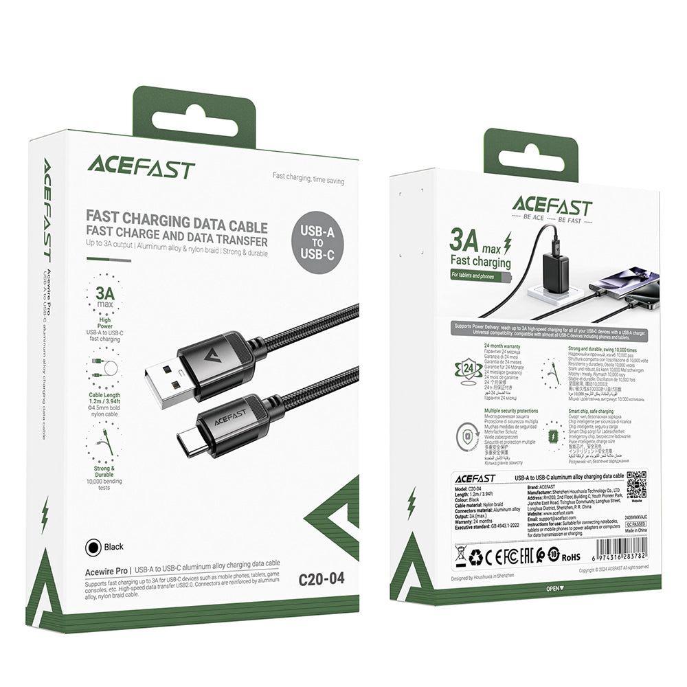 USB-A till USB-C data- och laddningskabel Acefast C20-04, 18W, 1.2m, Svart