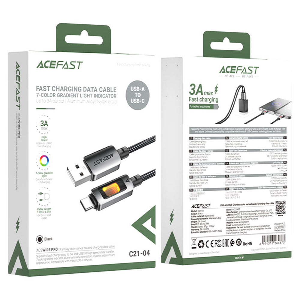 Data- och laddningskabel USB-A - USB-C Acefast C21-04, 18W, 1.2m, Svart