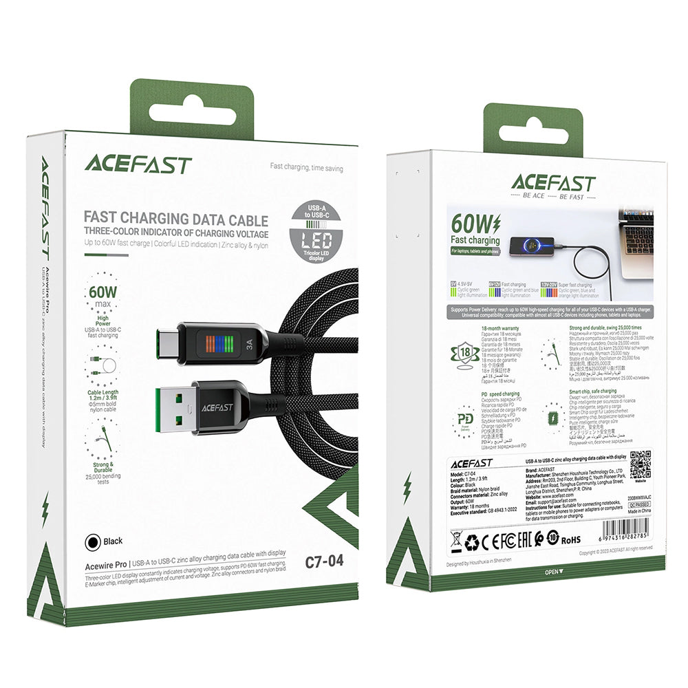 USB-A - USB-C Acefast C7-04 data- och laddningskabel, 18W, 1.2m, Svart