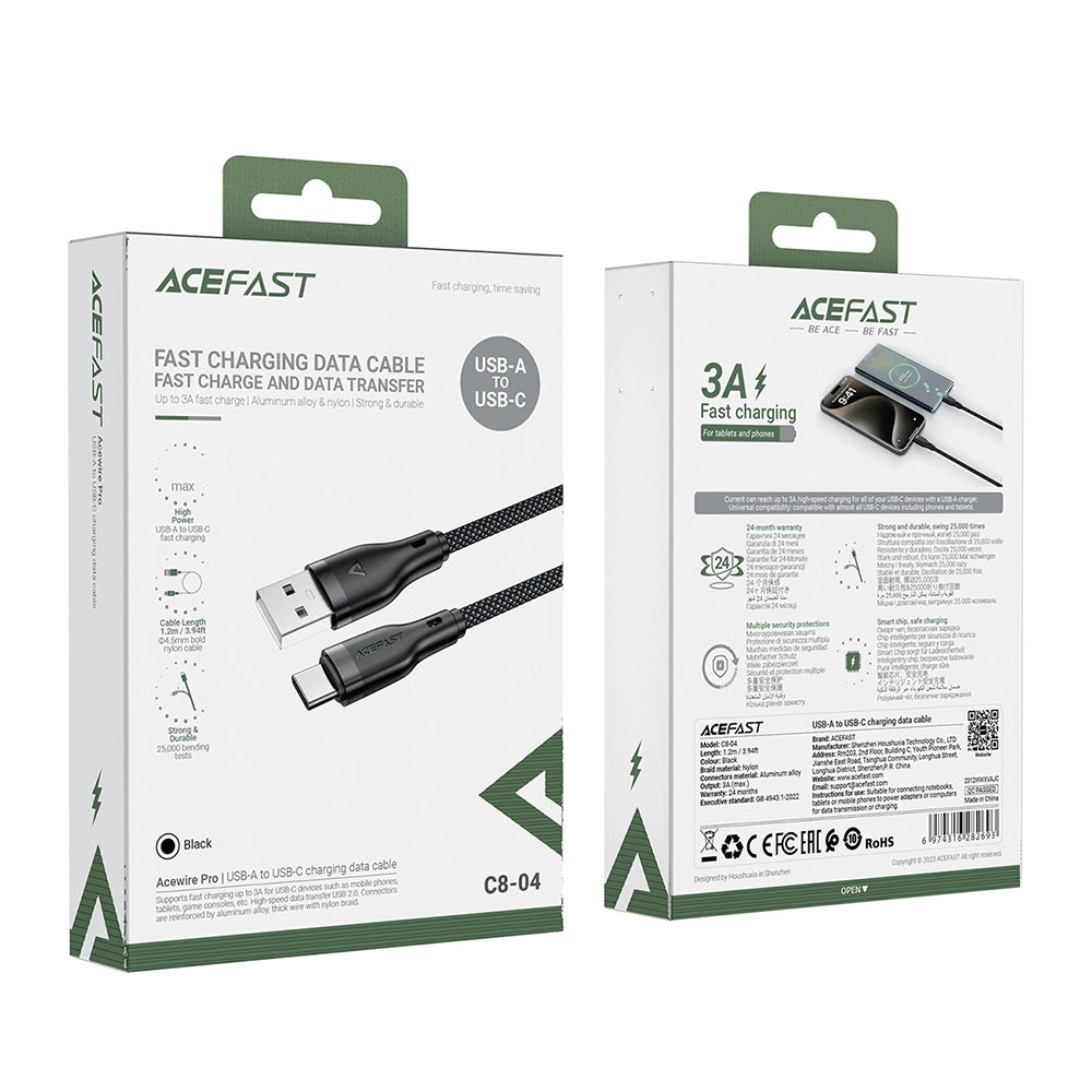 Data- och laddningskabel USB-A till USB-C Acefast C8-04, 18W, 1.2m, Svart