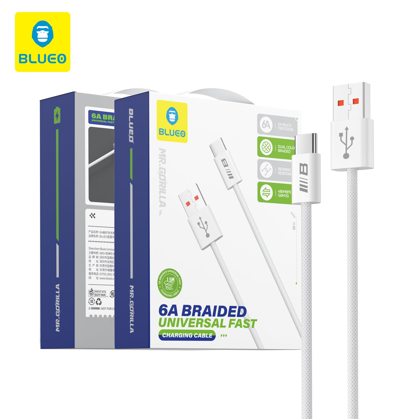 USB-A - USB-C Blueo data- och laddningskabel, 18W, 1.5m, Vit