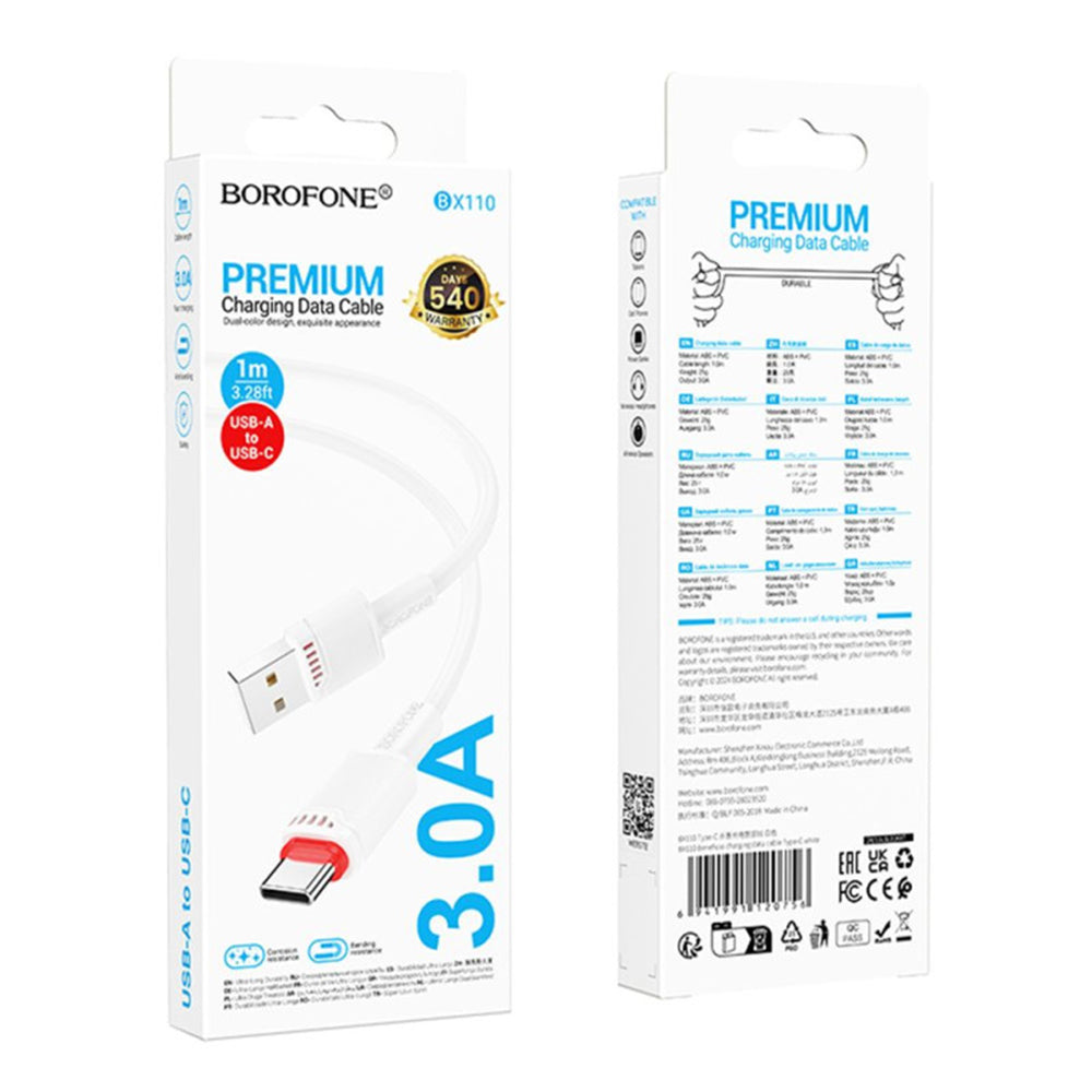 Data- och laddningskabel USB-A - USB-C Borofone BX110 Beneficio, 18W, 1m, Vit