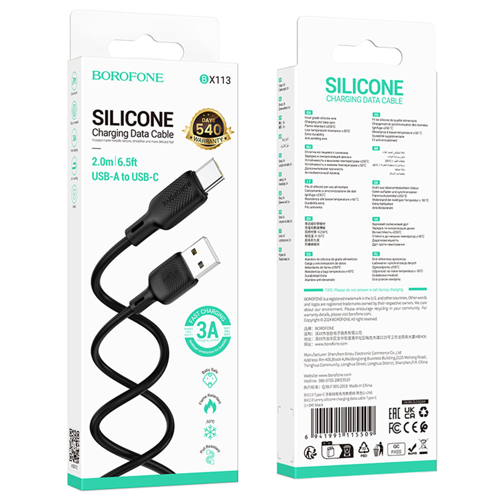 USB-A - USB-C Borofone BX113 Lenny data- och laddningskabel, 18W, 2m, Svart