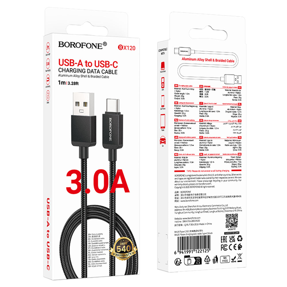 Data- och laddningskabel USB-A - USB-C Borofone BX120 Placer, 18W, 1m, Svart