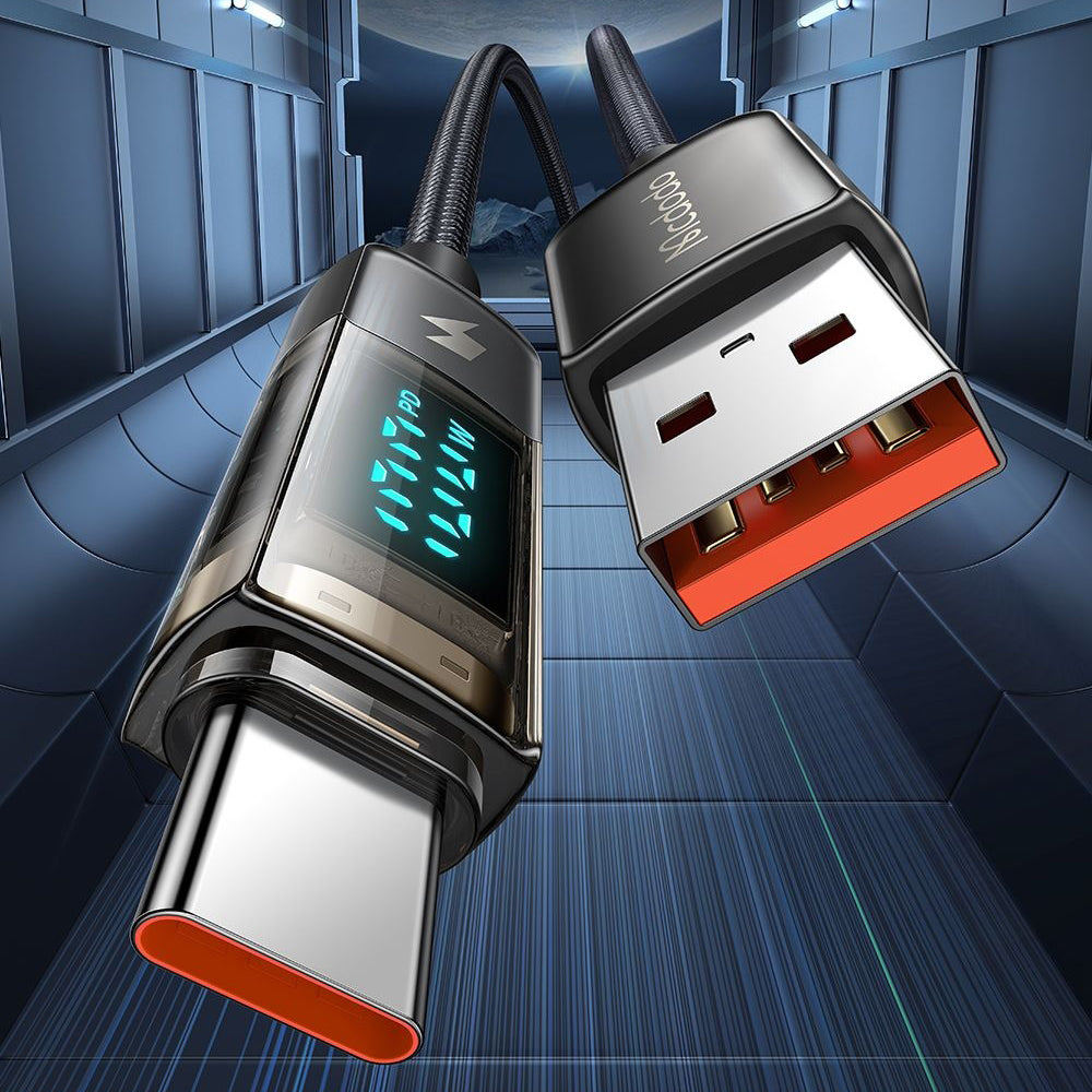 USB-A till USB-C McDodo CA-3630 Data- och Laddningskabel med Auto Power Off Display, 66W, 1.2m, Svart