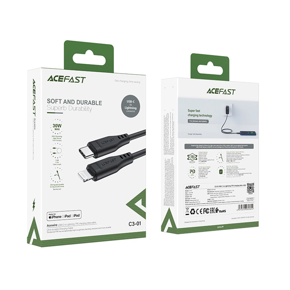 Data- och laddningskabel USB-C - Lightning Acefast C3-01, 30W, 1.2m, Svart