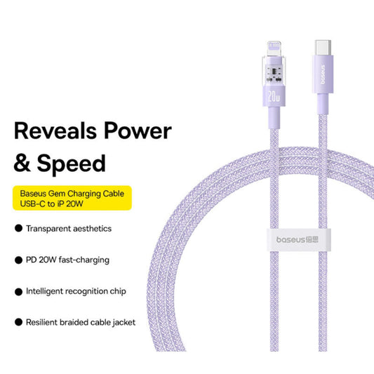 Data- och laddningskabel USB-C till Lightning Baseus Gem, 20W, 2m, Lila P10373001511-01