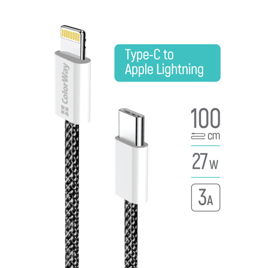 USB-C - Lightning Data- och Laddningskabel ColorWay CW-CBPDCL061, 27W, 1m, Svart