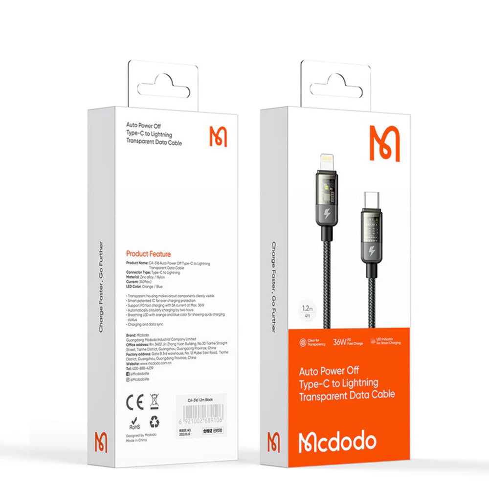 USB-C - Lightning McDodo CA-3160 Auto Power Off, 36W, 1.2m, Svart