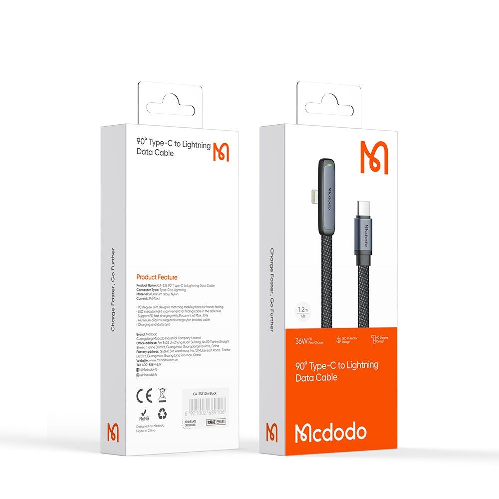 USB-C - Lightning McDodo CA-3350 Angled data- och laddningskabel, 36W, 1.2m, Svart