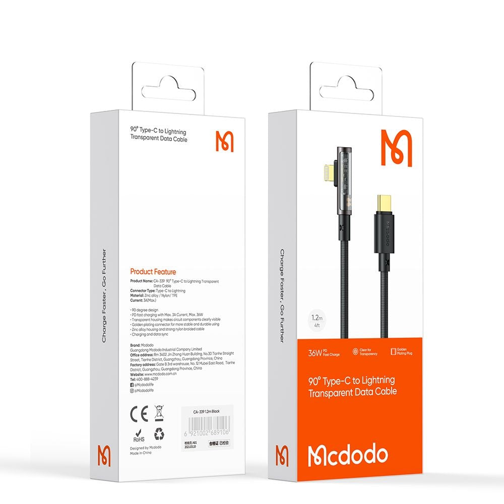 USB-C - Lightning McDodo CA-3390 Angled, 36W, 1.2m, Svart