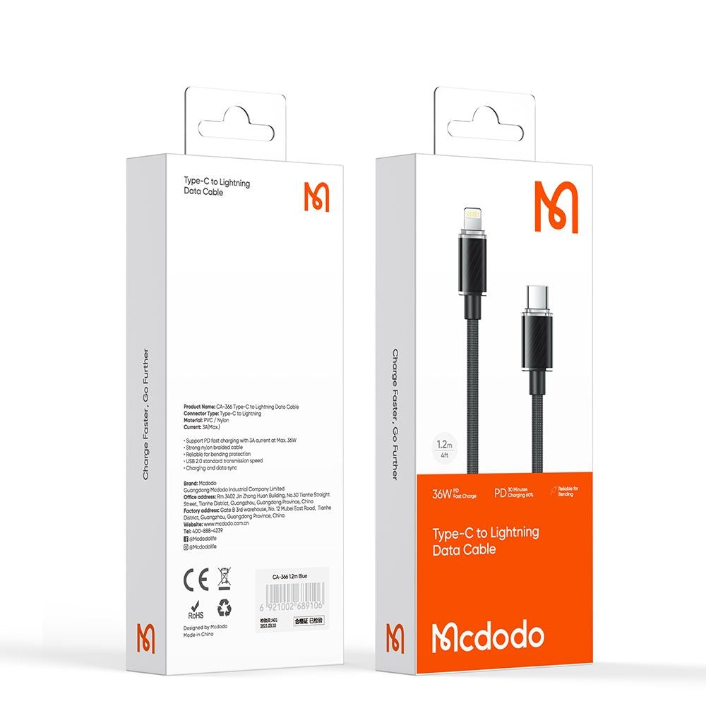 Data- och laddningskabel USB-C - Lightning McDodo CA-3660, 36W, 1.2m, Svart