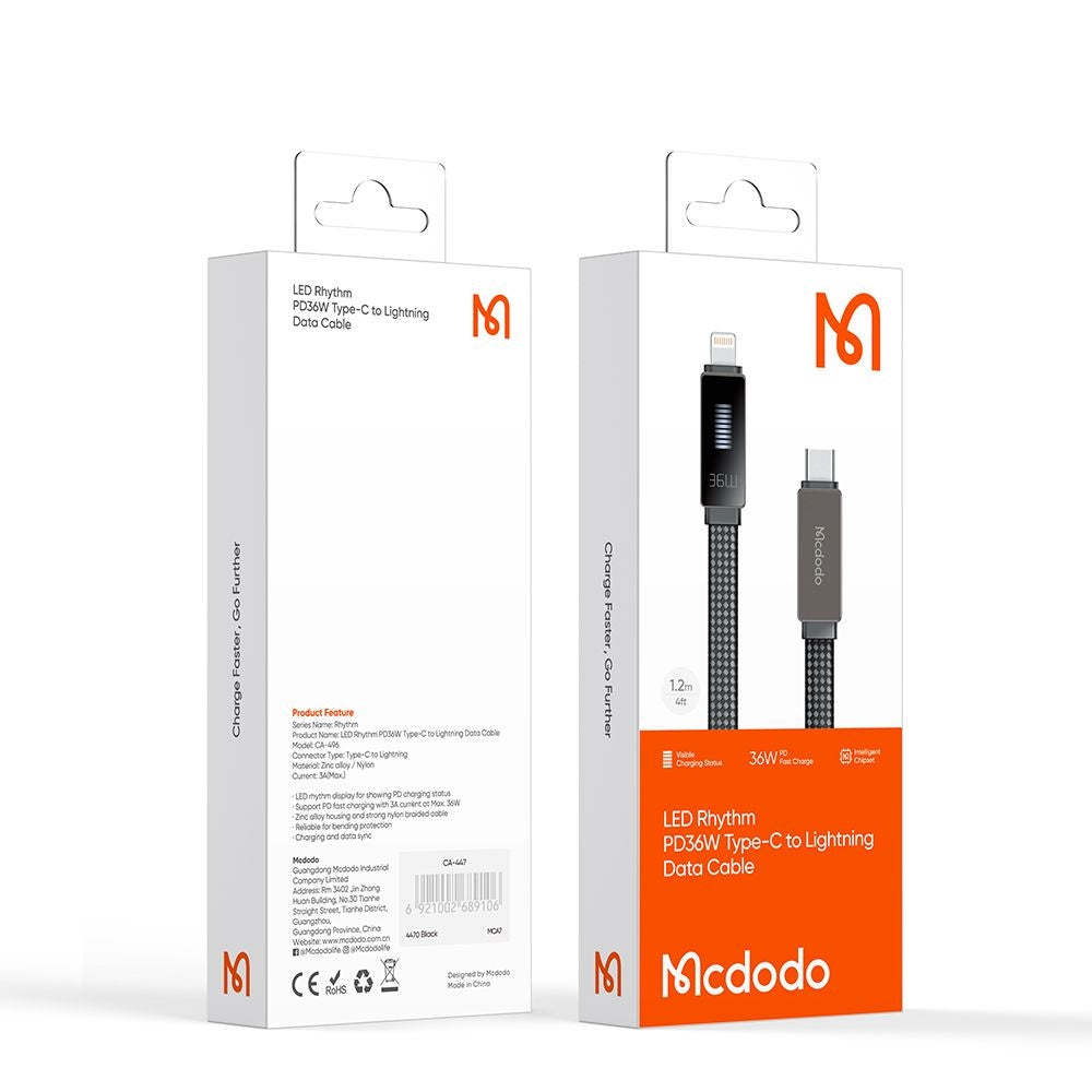 Data- och laddningskabel USB-C - Lightning McDodo CA-4960 Rythm Display, 36W, 1.2m, Svart