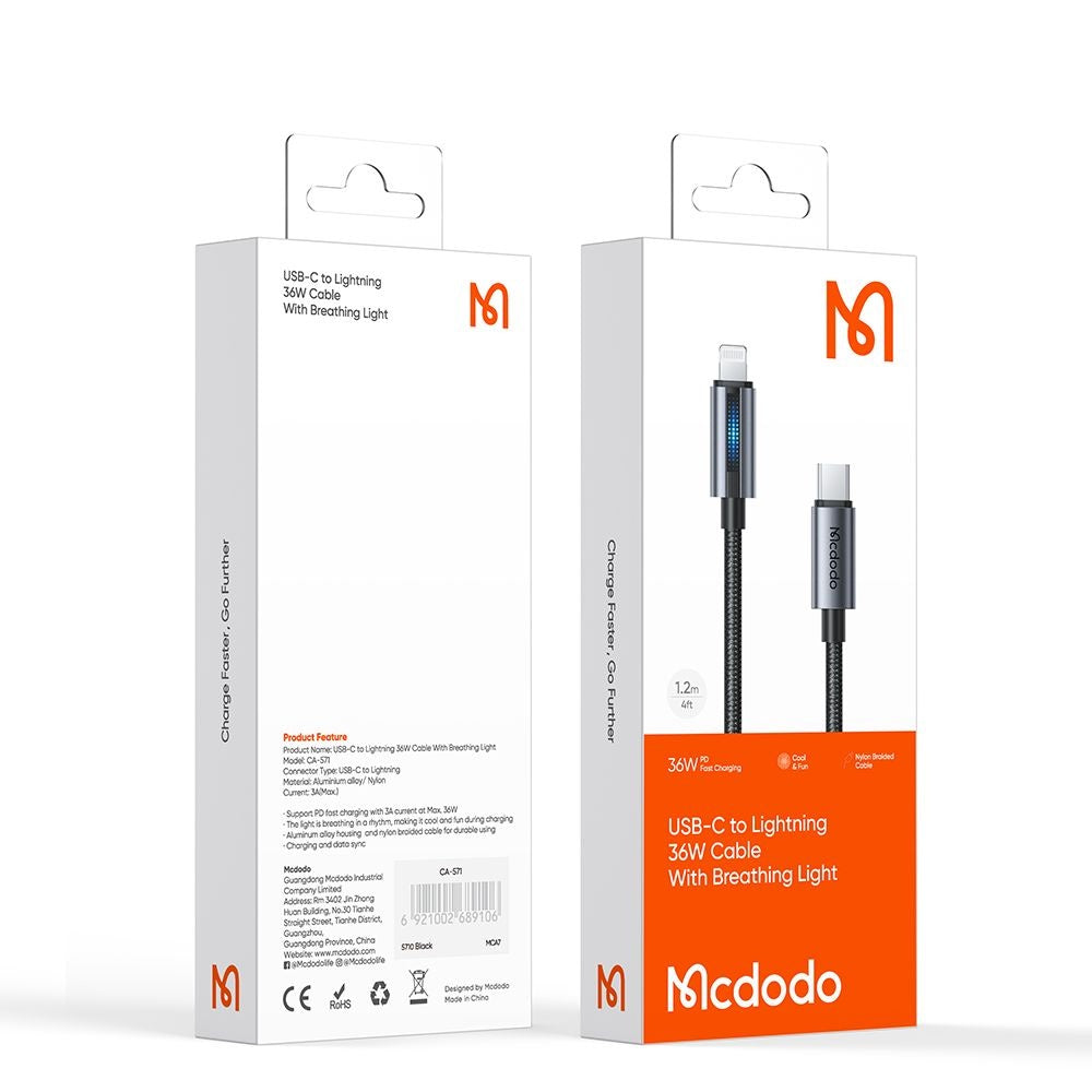 USB-C - Lightning McDodo CA-5710 data- och laddningskabel, 36W, 1.2m, Svart