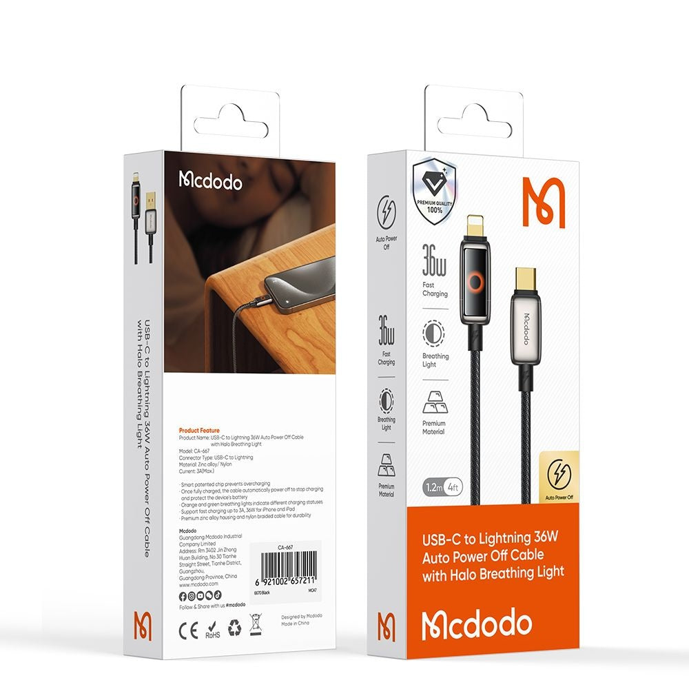 USB-C - Lightning McDodo CA-6670 Auto Power Off, 36W, 1.2m, Svart