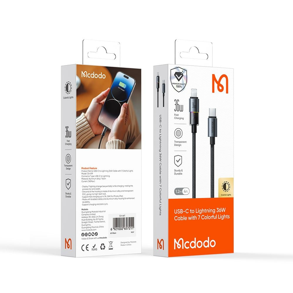 USB-C - Lightning McDodo CA-8190 Colorful data- och laddningskabel, 36W, 1.2m, Svart