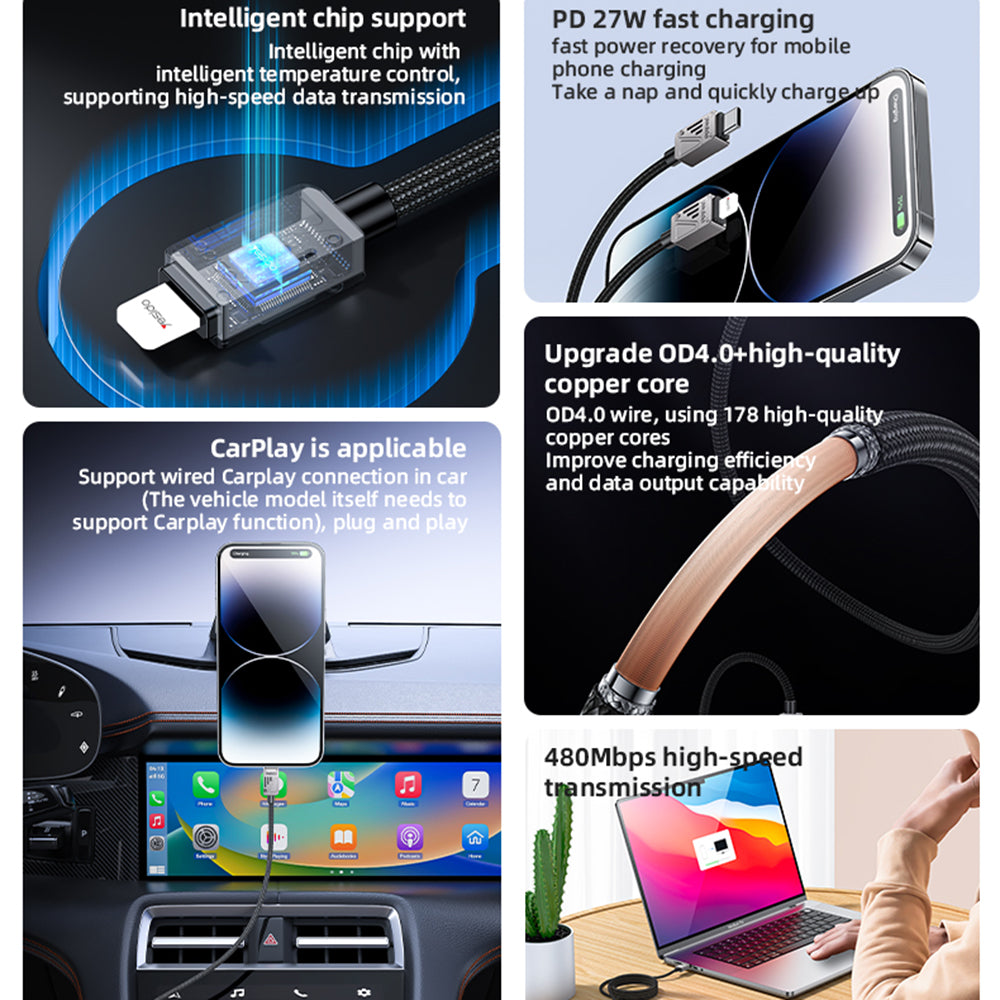 USB-C - Lightning Data- och Laddningskabel Yesido CA195, 27W, 1.2m, Svart