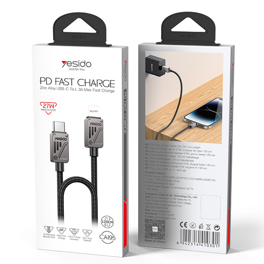 USB-C - Lightning Data- och Laddningskabel Yesido CA195, 27W, 1.2m, Svart