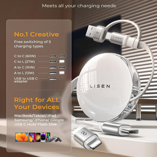 USB-C / USB-A data- och laddningskabel - USB-C / Lightning Lisen, 60W, 1m, vit YL0123030001