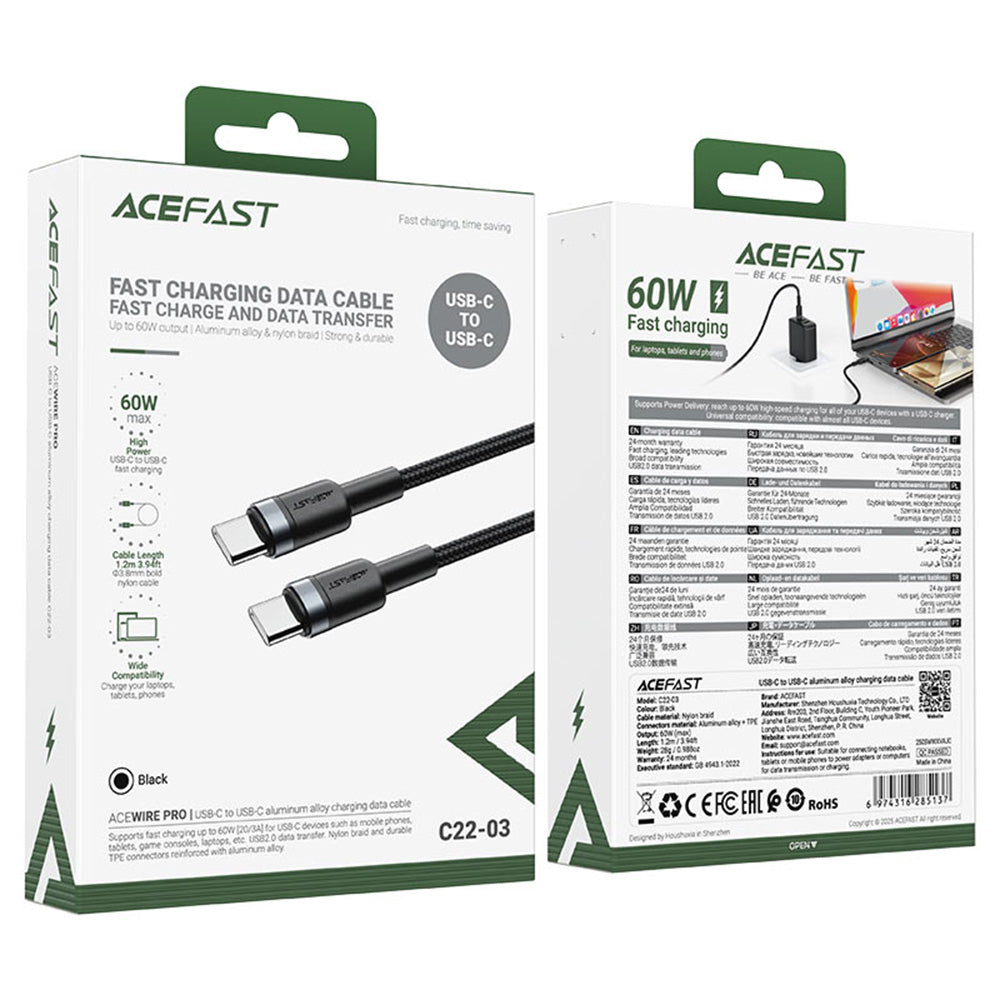 USB-C Data and Charging Cable - USB-C Acefast C22-03, 60W, 1.2m, Black