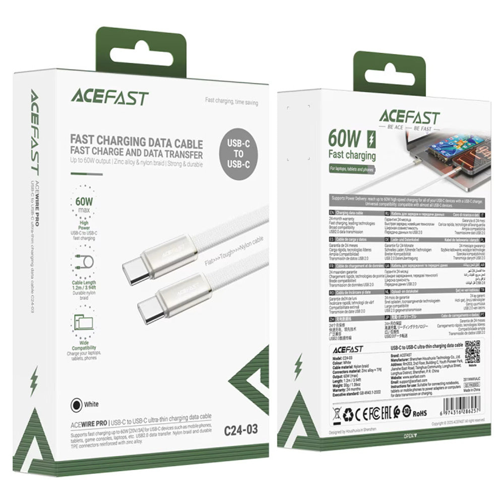 Data- och laddningskabel USB-C - USB-C Acefast C24-03, 60W, 1.2m, Vit