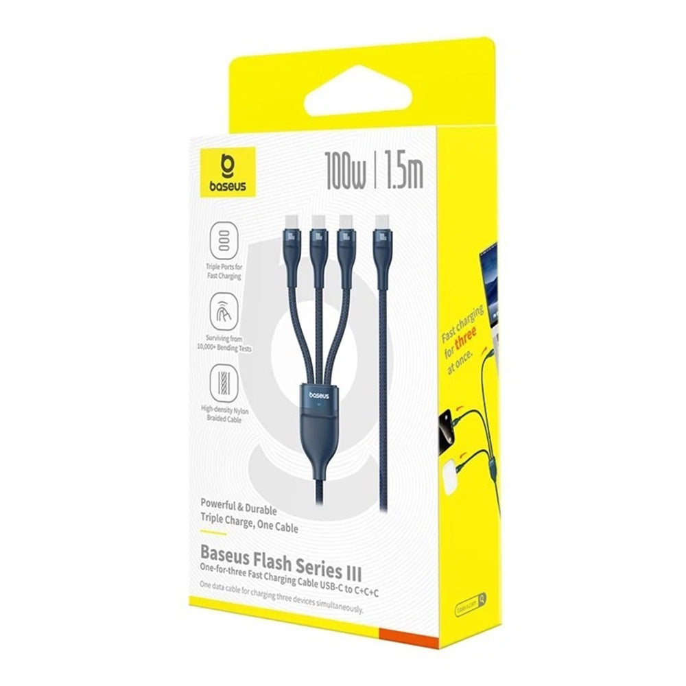 USB-C Laddningskabel - 3 x USB-C Baseus Flash Series III 3in1, 100W, 1.5m, Blå P10377503321-00