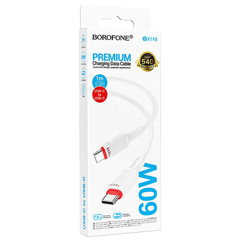 USB-C Data- och Laddningskabel - USB-C Borofone BX110 Beneficio, 60W, 1m, Vit