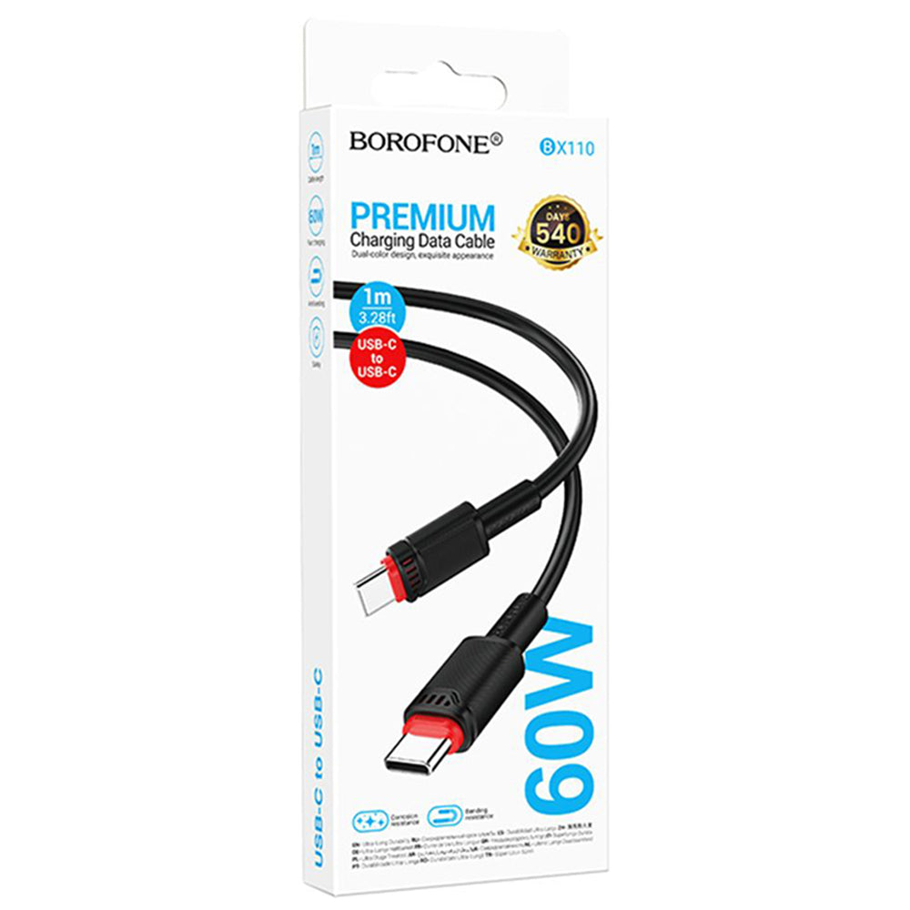 USB-C Data- och Laddningskabel - USB-C Borofone BX110 Beneficio, 60W, 1m, Svart